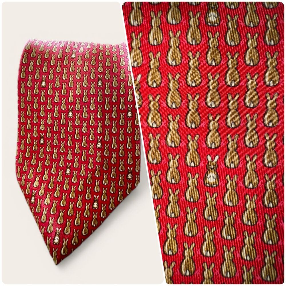 VTG HERMES BUNNY RABBIT Silk Tie Red 7900 MA Easter Business Casual Cottontail